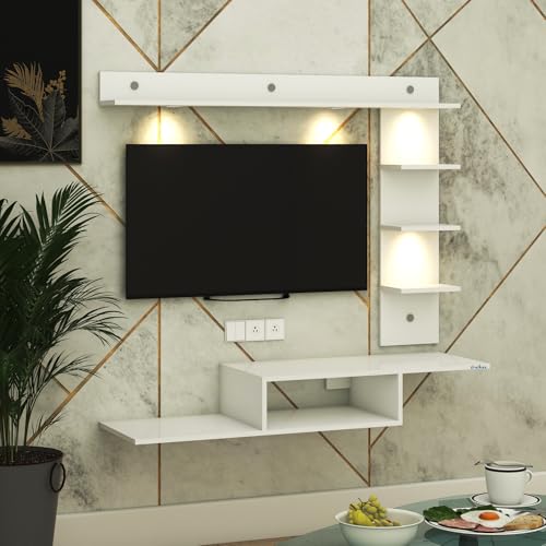 Image of Anikaa Wintor Engineered Wood Wall Mounted TV Unit with 4 LED Lights, 3 Open Shelves, 1 Storage Box & Decorative Display Shelf for Living Room | Ideal for Upto 43 Inch TV-White(DIY Assembly)