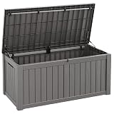 Fancyango 150 Gallon Outdoor Deck Box Waterproof, Large Storage Box for Patio, Resin Storage Bench Lockable for Garden Tools, Package Delivery, Grey