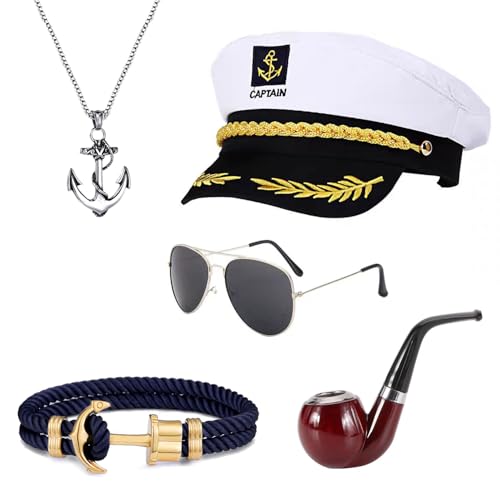 songyea Yacht Kapitän Hut Kapitänsmütze Kostüm Set,Verstellbare Yacht Schiff Boot Marine Mütze Mit Sonnenbrille,Kapitänsmütze für Erwachsene Damen Männer für Karneval Mottoparty Partys Cosplay