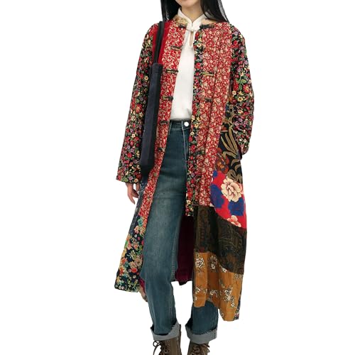 FioraMosaic Women's Cotton Linen Printed Long Jacket with Unique Patchwork