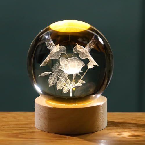 Image of Arikyrist 3D Crystal Hummingbird Figurines Decorative Balls Night Light, Crystal Humming Birds Figurines Gifts for Bird Lovers, 3D Laser Engraved Glass Sphere Decor for Home Office.