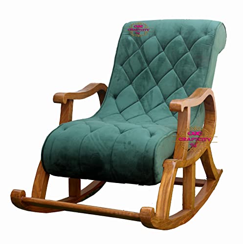 Image of CRAFTCITY Rocking Chair |Sheesham Wood Elegant Rocking Chair with Pillow and Matching Foot Stool and Pre assembeled (Peacock Green)