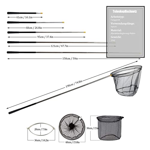 Foto von Fishing Kescher Angeln,Unterfangskescher Angelkescher 190cm,4 Sektionen Teleskop - Aluminiumlegierung - Gummiert - Langlebiges Nylongeflecht,mit Faltbare Fischernetz,für Erwachsene Kinder,Teich,See