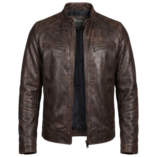 Image of Men Cafe Racer Motorcycle Style Solid Leather Jacket Slim Fit Motorcycle Brown Cafe Racer Leather Jacket