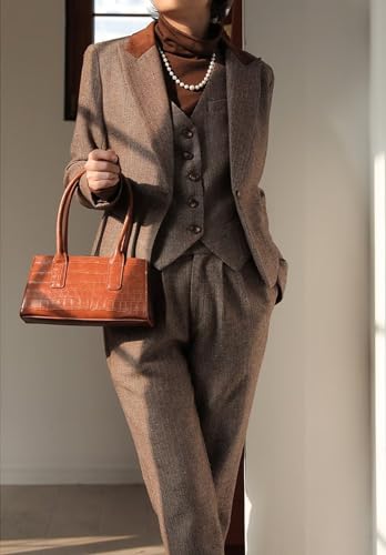 Women's Herringbone Tweed 3 Pieces Suit One Button Office Lady Blazer Vest Pants2