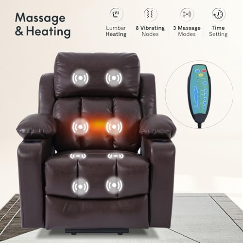 FLEXISPOT XL31-L Power Lift Recliner Chair for Elderly, Electric Lift Chair with Massage & Heat, PU Leather Reclining Sofa with Cup Holders, Side Pockets for Living Room Bedroom(Large Size,Pecan)