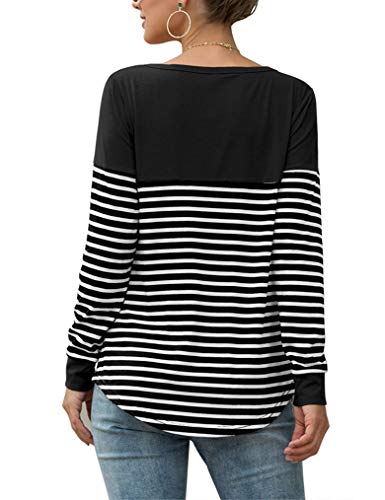Qearal Womens Casual Long Sleeve Color Block Striped T Shirt Tunic Tops S Black S Black