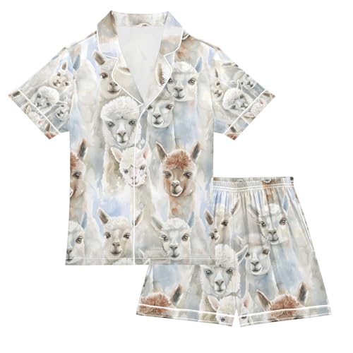 senya Watercolor Alpaca 1 Satin Summer Pajama Sets Silk Short Sleeve Button Down Sleepwear
