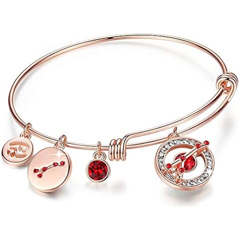 Leafael Superstar Cancer Zodiac Expandable Bangle Bracelet Made with Premium Crystals Horoscope Constellation June July Birthstone Light Siam Red Jewelry, Rose Gold Plated, 7" Cover