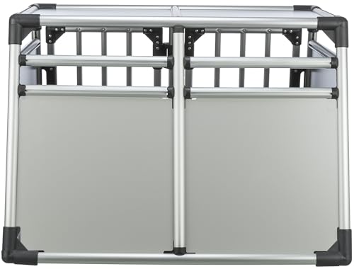 TRIXIE Doppel-Transportbox Aluminium – Hundebox für zwei Hunde bis zu 50 kg, 93 × 64 × 83 cm, mit herausnehmbarer Trennwand, Sicherheitsverschluss vorne & rutschfester Liegematte – 39345