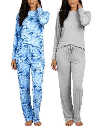 Image of Real Essentials 2 Pack: Women's Long Sleeve Pajama Sets - Soft Comfy 2 Piece PJ Set Matching Ladies Sleepwear (Plus Size)