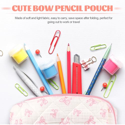 Image of Sherr Coquette Bow Pencil Case Pink Bow Cute Pencil Pouch Soft Cotton Storage Bag Aesthetic Pattern Gift Makeup Pouch Cosmetic Bag for Women