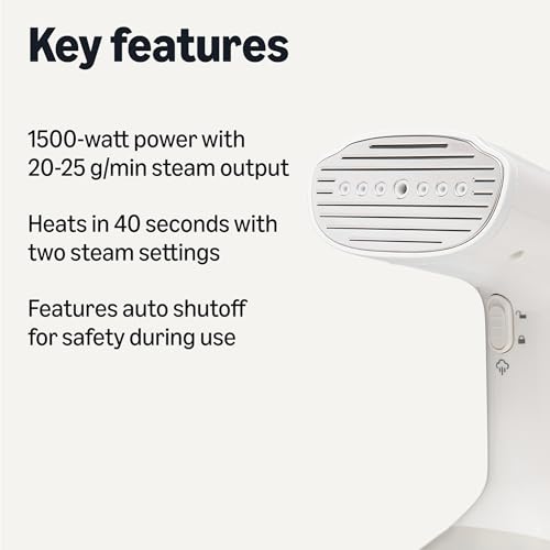 Image of Amazon Basics Handheld Garment Steamer for Clothes, 1500W Turbo Extreme Steam with Dual Steam Modes, Auto Shut-off, Fabric Accessories, White