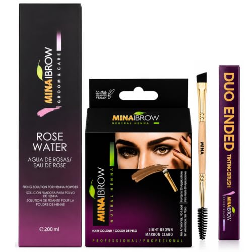 MinaiBrow Henna Hair Tint Kit Rose Water & Duo Angled Brush, Light Brown
