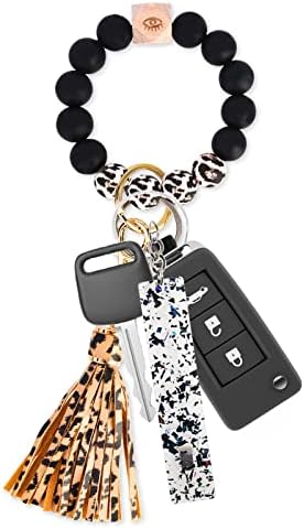Silicone Beaded Key Ring Bracelet with Shiny Card Picker, Elastic Keychain Wristlet Bangle Chains for Women