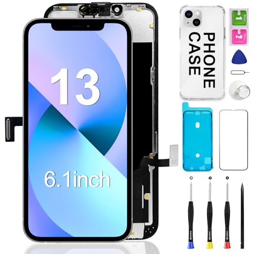 for iPhone 13 Screen Replacement 6.1 inch 3D Touch LCD Screen Display Digitizer Frame Assembly Repair Kit with Phone Case+Waterproof Seal+Repair Tools - Model A2482 A2631 A2633 A2634 A2635
