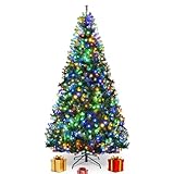 COSTWAY 8 FT Pre-lit Christmas Tree, Artificial Xmas Tree with 750 Warm White & Multicolored Lights, 11 Modes, 2128 Branch Tips, Metal Support, Holiday Decoration Fake Tree for Home, Office, Party