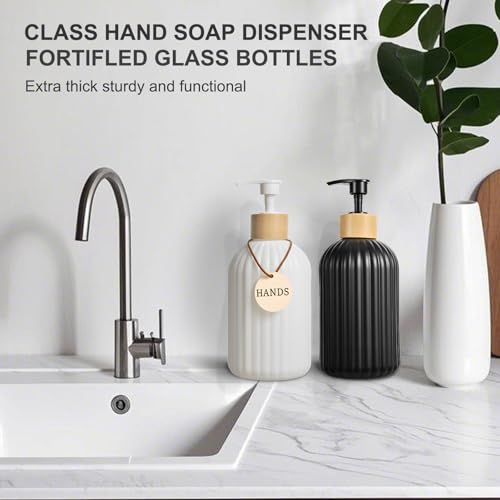 Image of 2 Pack ViserVita Glass Hand Soap Dispenser Set with Bamboo Pump, Elegant Refillable Liquid Dish Soap Dispenser, Perfect for Kitchen Sink and Bathroom Decor