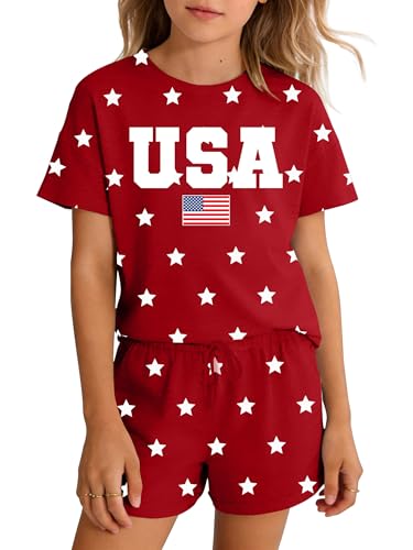 tiorhooe Kids 4th of July Outfit 2 Piece Set for Girls Boys American Flag Shirt and Shorts Patriotic USA 250 Anniversary