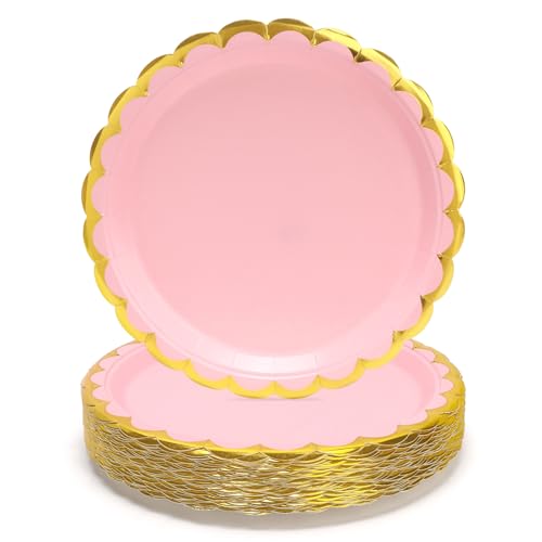 Party Go 50 Platos De Papel Para Cenas Y Postres, 23 Cm, Borde Ondulado, Color Rosa, Ideal Para Graduaciones, Fiestas, Bodas, Fiestas De Cumpleaños, Decoración De Ducha De Bebé