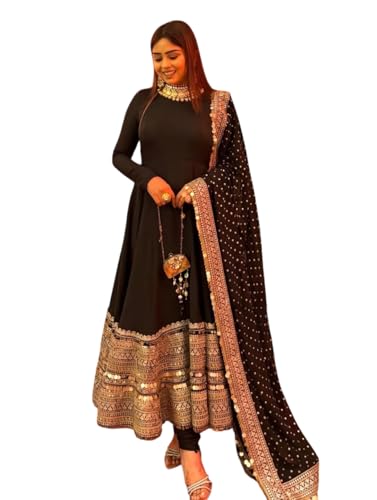 FASHION FRONTIER Floor-Length Black Embroidered Indian Gown, Large(40)
