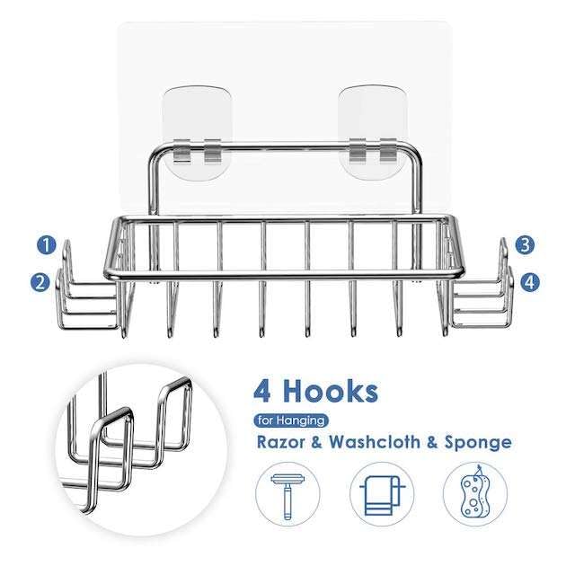 Image of Strong Self Adhesive Wall Mounted Bath Soap Holder with 4 Hooks for Bathroom Kitchen Wash Basin, 304 Stainless Steel, Waterproof, RustProof, Quick Drying (3, Silver)