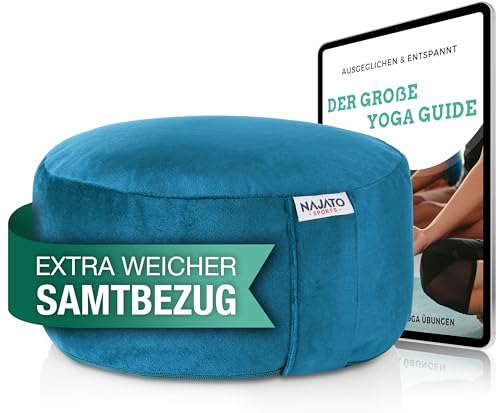 NAJATO Sports Yogakissen – Meditationskissen inkl. E-Book (PDF Datei) – Rundes Yoga Kissen mit Buchweizenschalen-Füllung – 30 cm Durchmesser, 14 cm hoch – Waschbarer Bezug aus Samt (Petrol)
