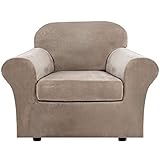 H.VERSAILTEX Rich Velvet Stretch 2 Piece Chair Cover Chair Slipcover Sofa Cover Furniture Protector Couch Soft with Elastic Bottom Chair Couch Cover with Arms, Machine Washable(Chair,Taupe)