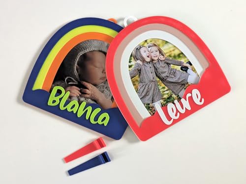 Genérico Pack 4 Portafotos Infantil Personalizado Arcoíris con Nombre y Foto Incluida – Marco con Imán o Soporte Sobremesa – Decoración para Bebés, Niños, Bautizos, Nacimientos