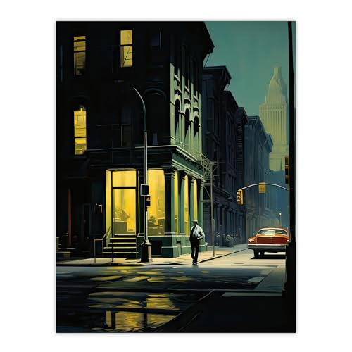 Artery8 New York at Dawn Edward Hopper Style Oil Painting Yellow Green Blue Man Walking in Empty City Street Extra Large XL Wall Art Poster Print