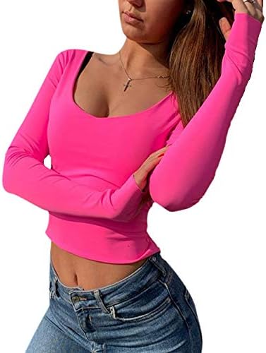 SEMATOMALA Women’s Scoop Neck Bodycon Top U Neck Long Sleeve Skinny Shirts Solid Athletic Workout Slim Fitted Crop Tops