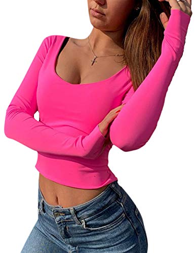 SEMATOMALA Women's Sexy U Neck Long Sleeve Workout Yoga Fitness Fluorescent Color Vibrant Slim Fit Shirts Crop Tops(RO,M) Rose Red