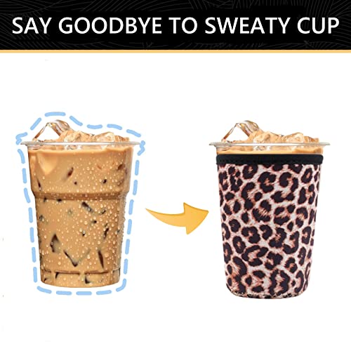 Image of YR Reusable Neoprene Insulator Sleeve for Iced Coffee Cups, 3 Pack Coffee Coolies sleeves for Iced & Hot Drinks, Cold Beverage Cooler Compatible with Starbucks Coffee and More (Leopard)