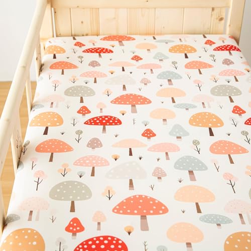 Image of SDIII 2 Pack Mushroom Crib Sheets for Boys Girls 52x28 Stretchy Microfiber Jersey Knit Fitted Crib Sheet for Standard Crib and Toddler Mattress