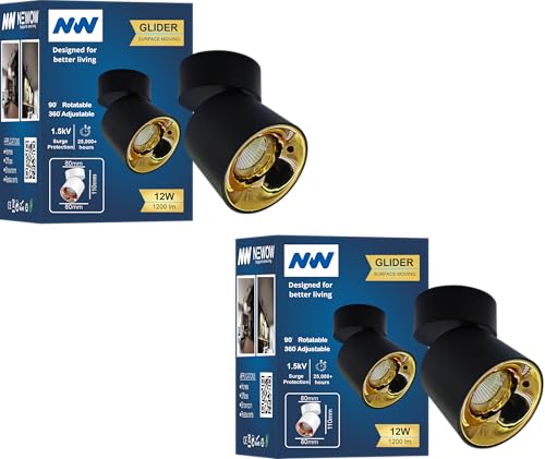 Image of NW 12W Glider SF Moveable Black with Gold Aluminium 360 Degree Adjustable Cylindrical Shape LED Surface Light | COB Light | Wall Light | Spot Light | Light Color- Natural White (Pack of 2)