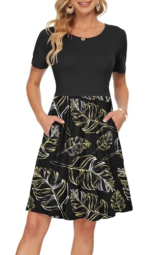 Image of AUSELILY Women's Short Sleeve Pleated Swing Summer Dress with Pockets | Knee-length short sleeve dress, empire waist & pockets, ideal for casual daily wear and vacation