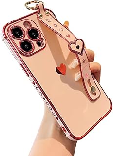 DEFBSC for iPhone 15 Pro Max Case with Wrist Strap, Cute Side Love Heart Plating Edge Phone Case with Heart Pattern Wristband Finger Holder Stand Soft TPU Bumper Shockproof Protective Case - White