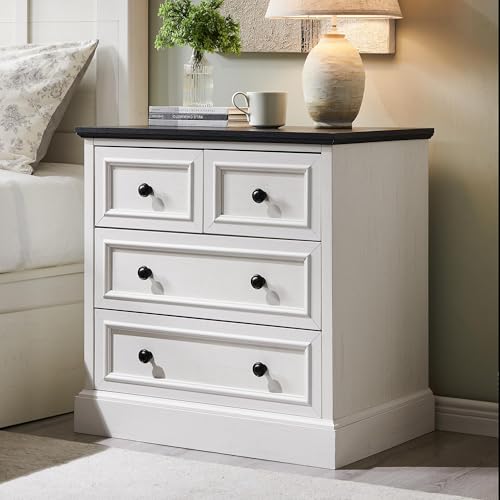 Image of ACCOHOHO Farmhouse Nightstand with 4 Drawers, 26 inch Wide End Table with Storage, Modern Nightstand with Charging Station for Bedroom, Off White