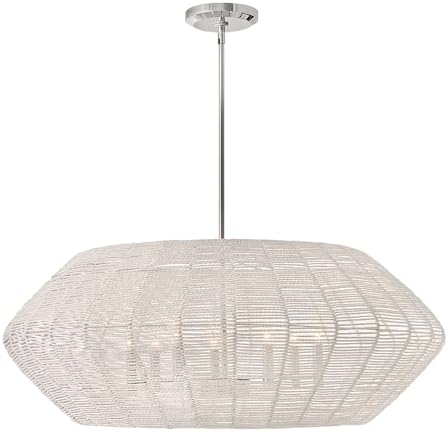 Hinkley Luca Large Convertible Drum Pendant Chandelier - Lisa McDennon, Bohemian, 7-Light, Coastal - Polished Chrome with White Woven Shade