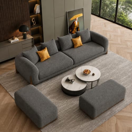 Image of Modern Boucle Sofa for Living Room Bedroom Reception and Office Wooden Polished Leg Sofa for Living Room (Dark Grey, 3 Seater +Ottoman Set)