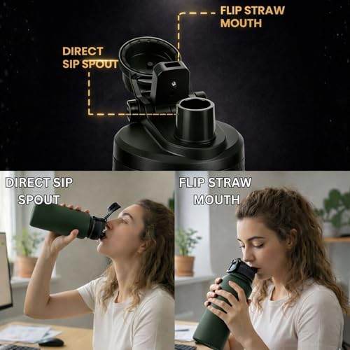 Image of Speedex Vacuum Insulated Stainless Steel Water Bottle 1 Litre (1000ml / 1L / 1 Ltr) with 2-in-1 Lid (Straw & Spout), Hot & Cold Leakproof Thermosteel Travel Flask for Office, Gym & School (Green)