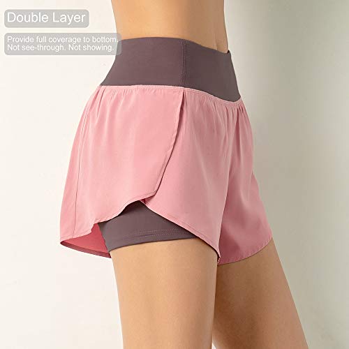 Mulheres Shorts de Corrida 2-em-1 com Bolso Cintura Larga Cobertura Camada Forro de Compressão Loung