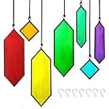 HDCRYSTALGIFTS Set 7 Sun Catchers Stained Glass Decor Gift,Stained Glass Window Hanging Suncatchers with Hooks Rainbow Maker Home Garden Glass Ornaments for Christmas Tree