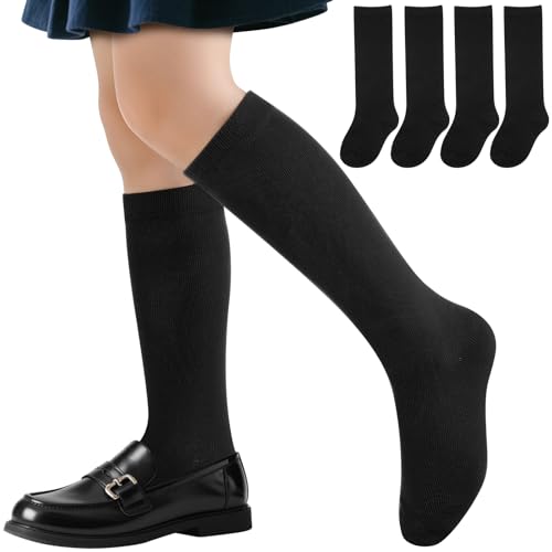 Cozypower 4 Pairs Knee High Sock for Girl Boy, Cotton School Uniform Unisex Solid Long Knee Seamless Sock for Dress