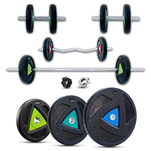 Image of Leeway 50kg Combo | Home Gym Set for Men | Barbell Rod with Plates and Dumbbell Set | Rubber Weight Plates, 3 Ft Curl + 5 Ft Rod (28mm) | Gym Equipments Zym, Jim ka Saman (50kg Set (2.5X4+5X4+10X2))