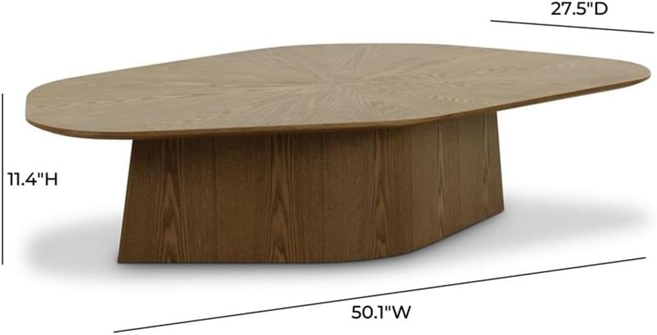 Pemberly Row Contemporary Low Coffee Table, 50.1" W x 27.5" D x 11.4" H, Washed Ash Wood, Brown Ash Finish, Handmade, Protective Coating, Tapered Edge, Accent Table for Living Room or Lounge Spaces