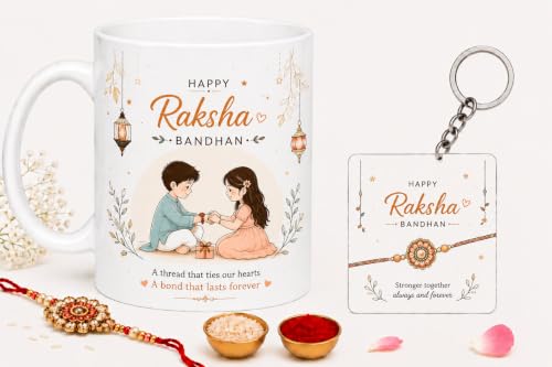 Image of Raksha Bandhan Brother Sister Combo | Printed Ceramic Mug, Square Keychain, Rakhi, Roli & Chawal