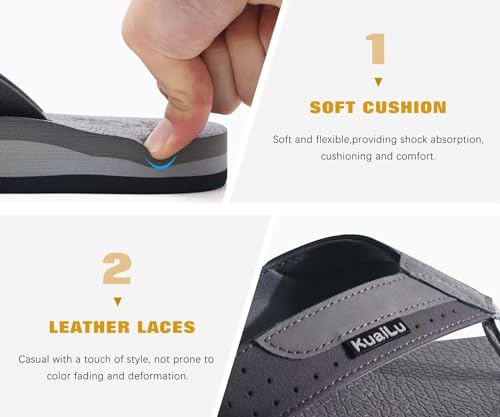 image for KuaiLu Men's Leather Flip Flops Arch Support Summer Beach Pool Water T