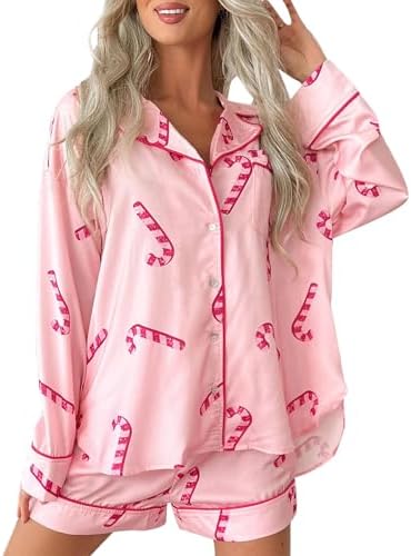 Luckinbaby Christmas Pajamas Shorts Set Women Santa Long Sleeve Button Down Shirt and Shorts Satin 2 Piece Lounge Sleepwear, Candy Pink, X-Large