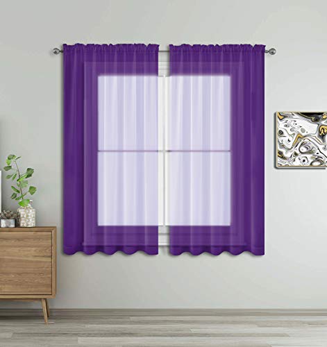 WPM Dark Purple Sheer Curtains 58" Wide x 63" Long 2 Panels Livingroom Window Treatment Rod Pocket Sheer Voile for Bedroom, Kitchen, Living Children Room Fully Stitched and Hemmed